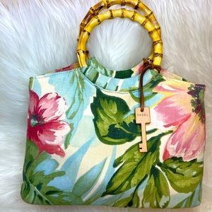 Fossil Floral Canvas Handbag/Rattan Handles